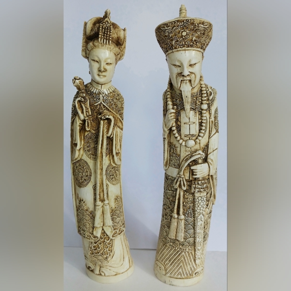 Chinese Sculptures Hand Carved Composite Emperor & Empress Statues 12" Vintage